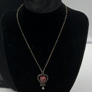 Sarah Coventry Millefiori Enamel Heart Pendant & Avon 18" Necklace Gold Tone